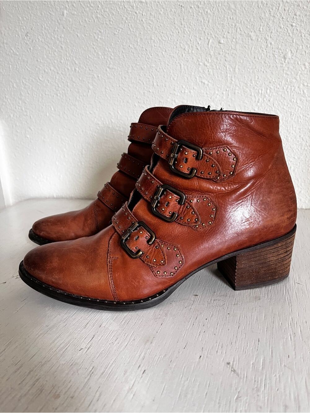 Paul Green Cognac Soho Moto Studded Ankle Boot size 8
